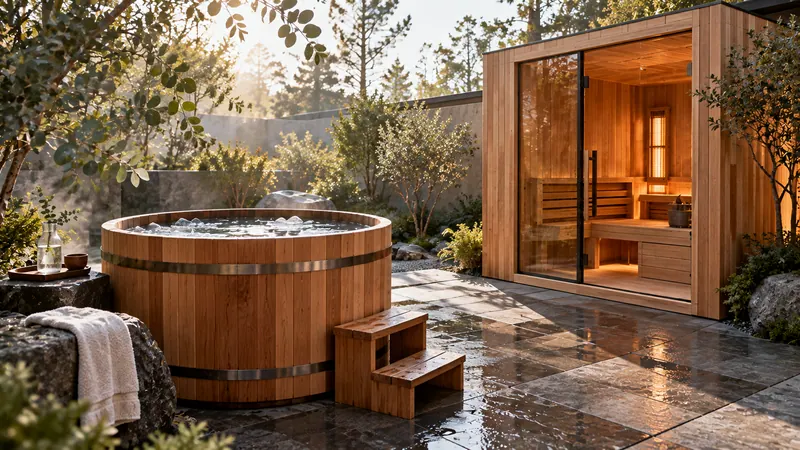 Wooden barrel cold plunge tub beside an outdoor cube sauna