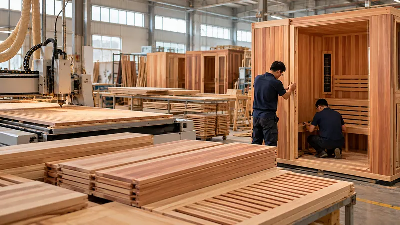 Workers assembling hemlock and red cedar sauna panels in the factory workshop
