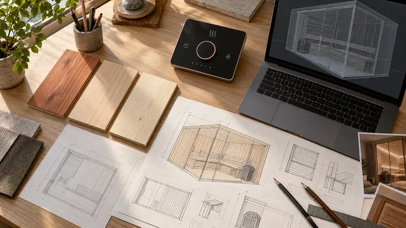 Sauna design desk with wood samples, control panel prototype and technical drawings