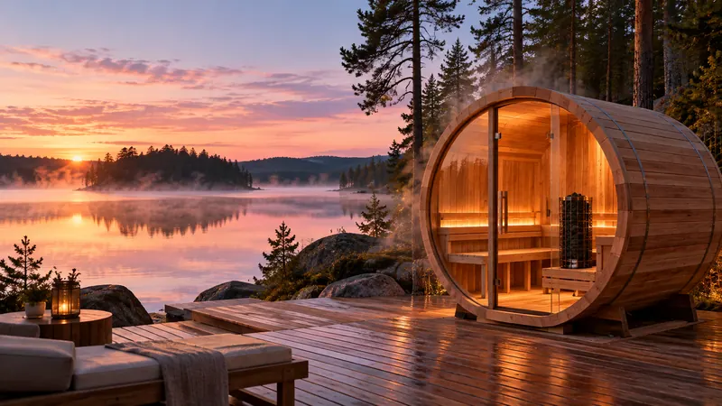 Red cedar barrel sauna on a lakeside deck at dawn