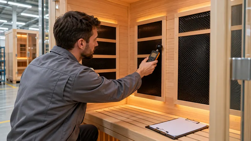 Technician checking an infrared carbon heater panel with an EMF meter