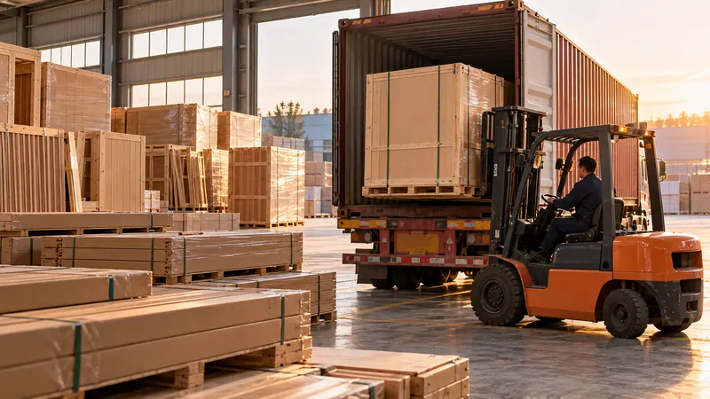 Flat-packed sauna crates being loaded into a shipping container
